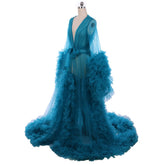 Exquisite Wedding Boudoir Robe | 18th Century Inspired Blue Sheer Tulle Long Pajamas for Women by Halloweez - Halloweez
